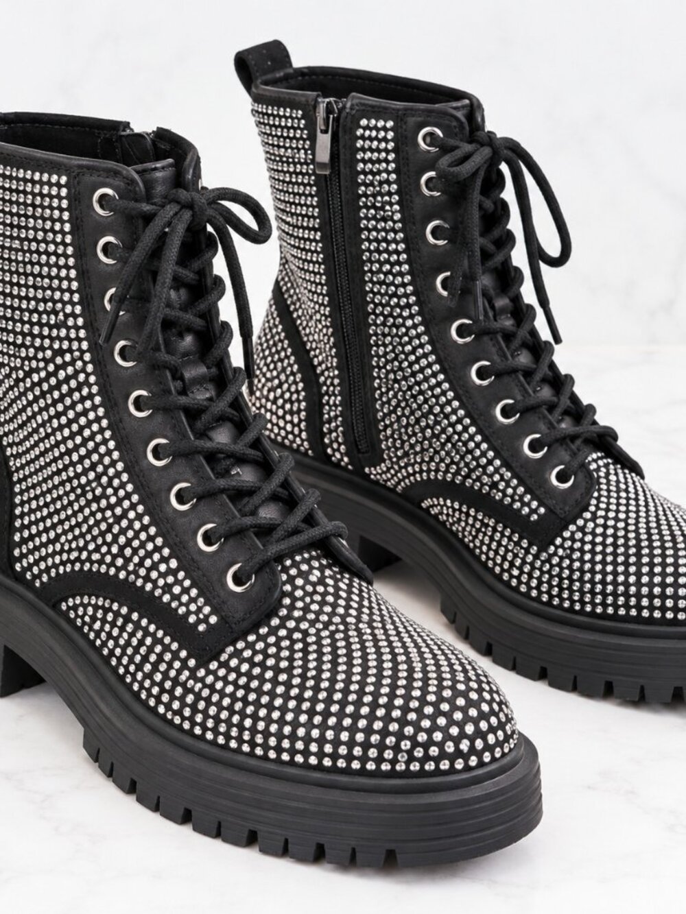 Rhinestone Combat Boots Womens Goth Punk Concert Black Gianni Bini 8.5M - Picture 3 of 4